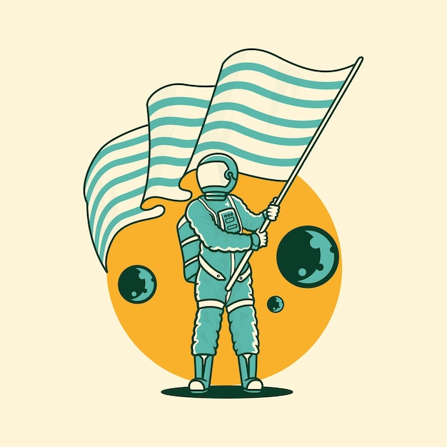 an astronaut holding a flag in space 90's a vintage illustration