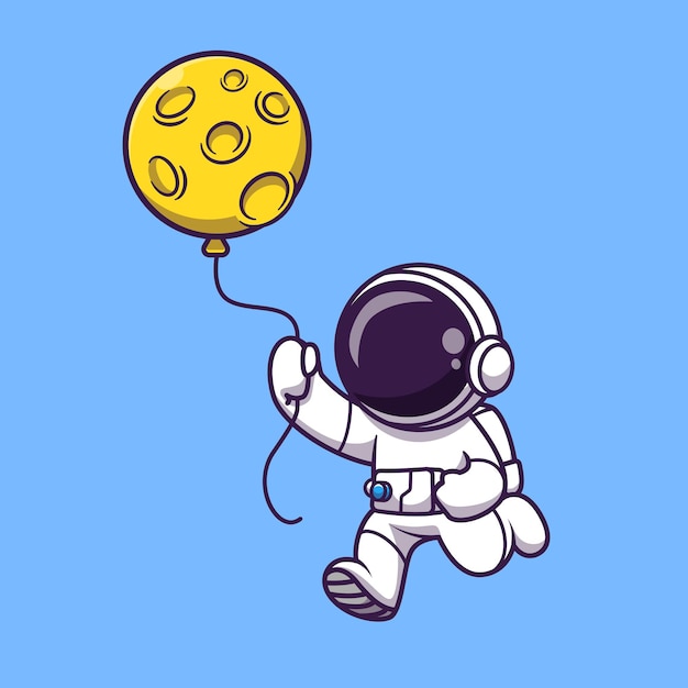 Astronaut Holding Moon Balloon Cartoon   Illustration. Science Technology  Concept Isolated  . Flat Cartoon Style