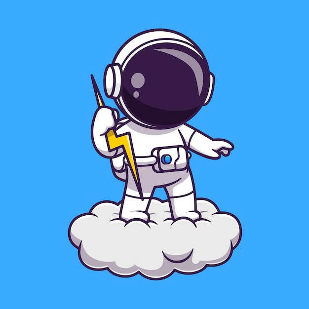 Astronaut Holding Thunder Bolt On Cloud Cartoon Vector Icon Illustration. Science Technology Icon Concept Isolated Premium Vector. Flat Cartoon Style