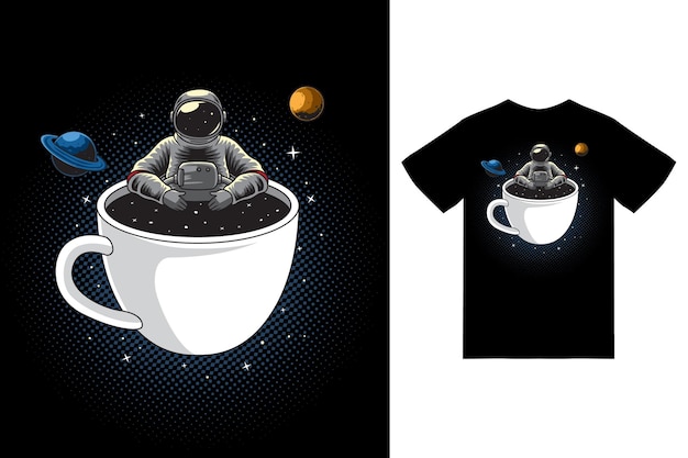 Astronaut inside a cup of coffee illustration with tshirt design premium vector