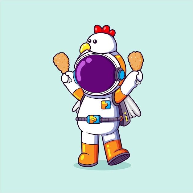 The astronaut is being a chicken with a cute costume and holding fried chickens