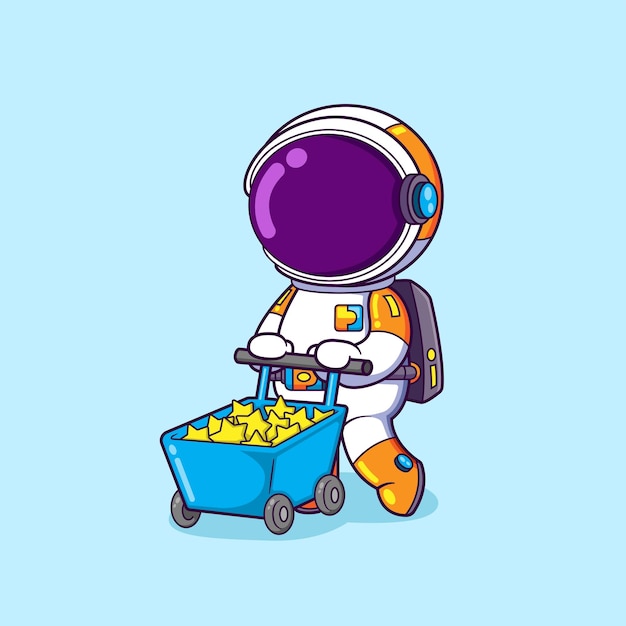 The astronaut is bringing many stars that he got in the galaxy with a trolley