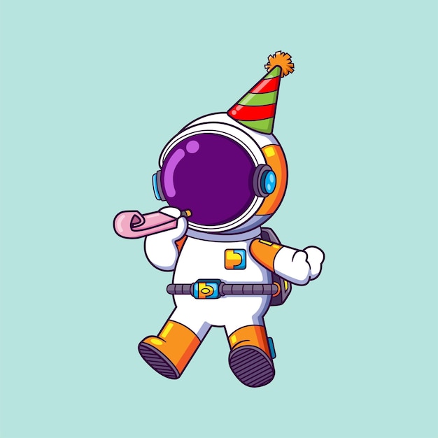 The astronaut is celebrating the new year with blowing the whistle and wearing the party hat