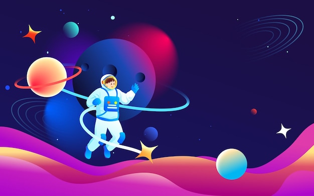 Astronaut is exploring space with universe and planets in the background vector illustration