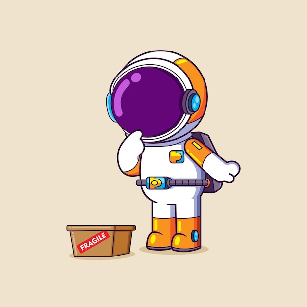 The astronaut is looking the fragile box with the confused expression