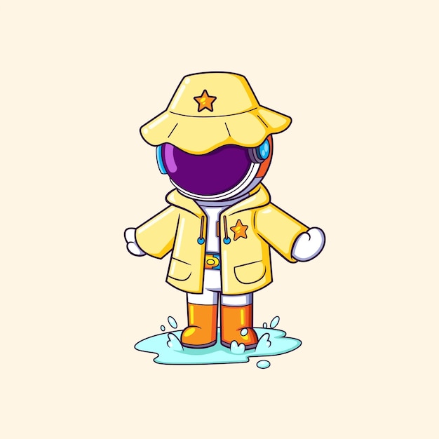 The astronaut is playing the water in rainy day while wearing raincoat