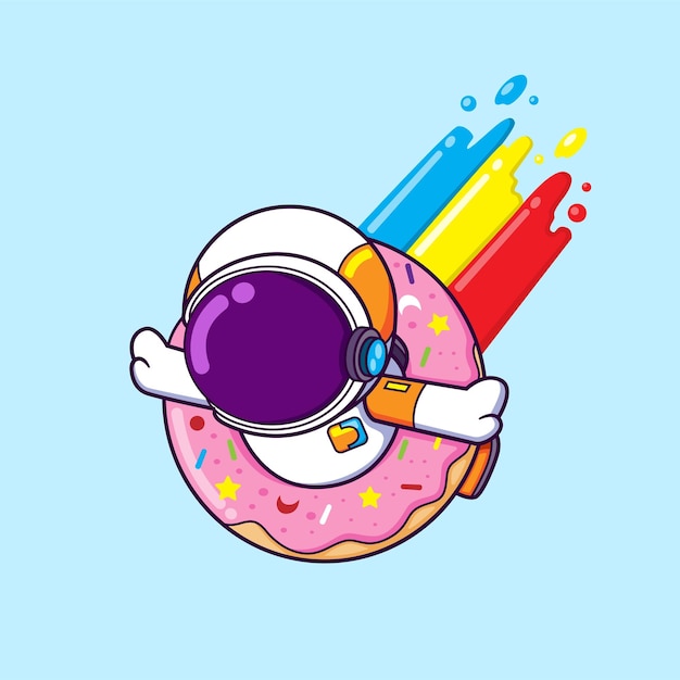 Vector the astronaut is playing with doughnut and falling in with rainbow color