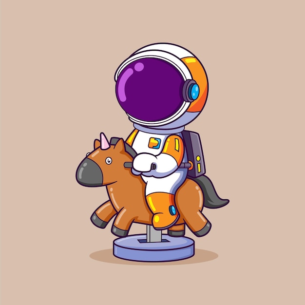 The astronaut is playing with a horse toy with a coin to play it and so happy