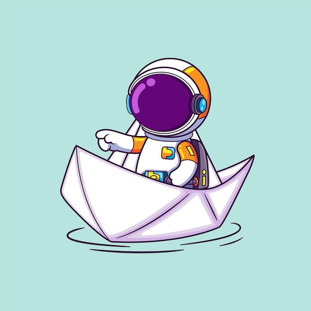 The astronaut is riding a paper ship and pointing on something in front of him