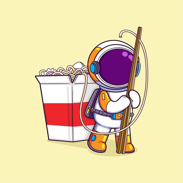 The astronaut is using a chopsticks to take a noodles in a cup of food