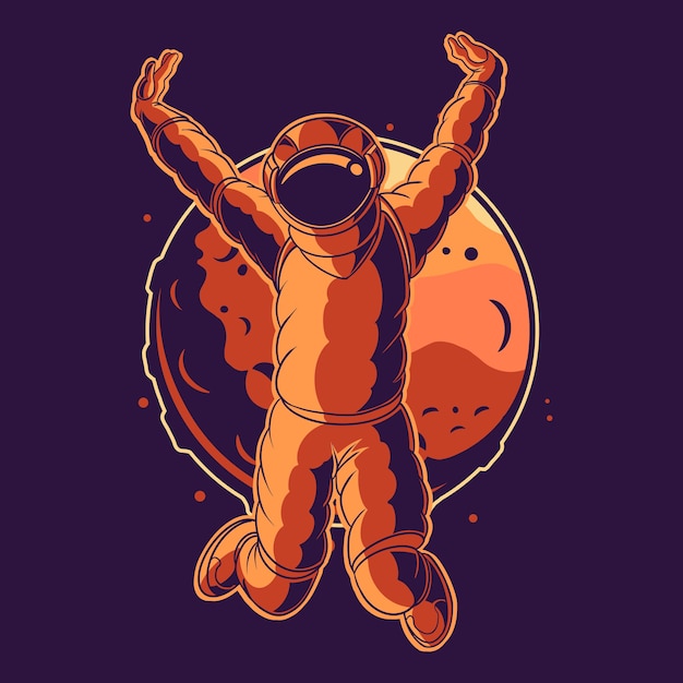 Astronaut jump celebration on space with moon background illustration