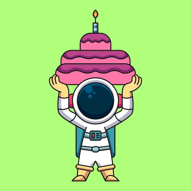 Astronaut lifting birthday cake cute cartoon icon illustration