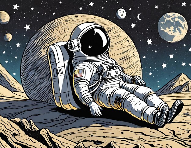 Vector astronaut lying on the moon illustration