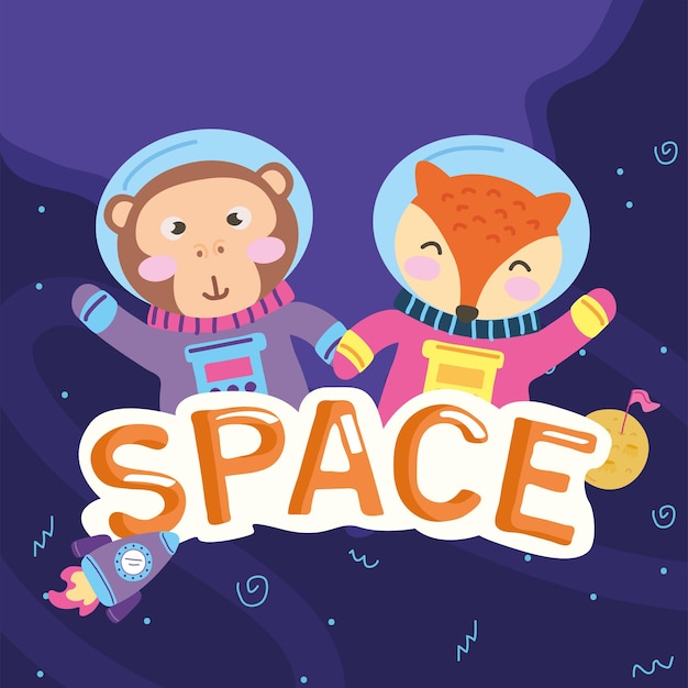 Astronaut monkey and fox at space