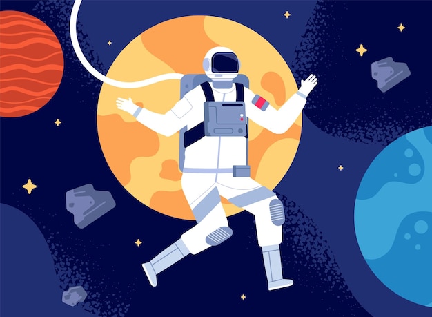 Astronaut in outer space Spacewalk astronauts fantastic journey Cosmonaut in space suit colorful discovery in utter universe vector concept