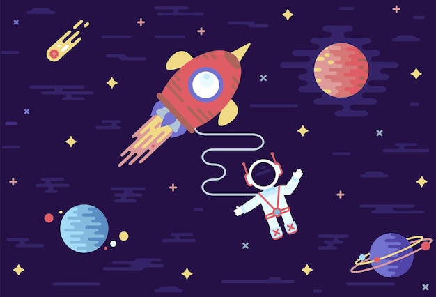 Astronaut in outer space vector cartoon illustration in flat stile