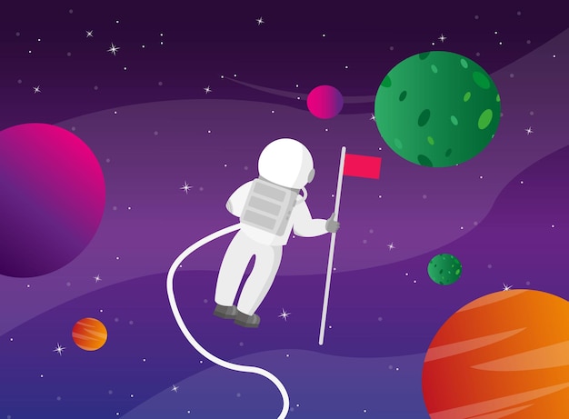 Astronaut in outer space with a flag on the background of the planets