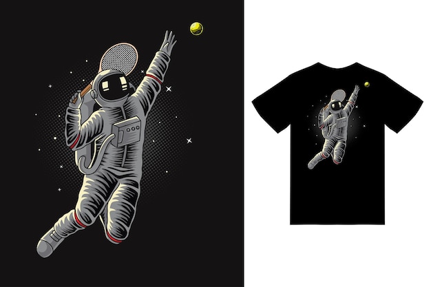 Astronaut play tennis in space illustration with tshirt design premium vector