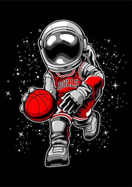 Astronaut playing basketball cartoon style