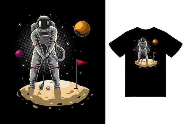 Astronaut playing golf on the moon illustration with tshirt design premium vector