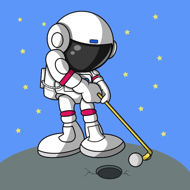 An astronaut playing golf