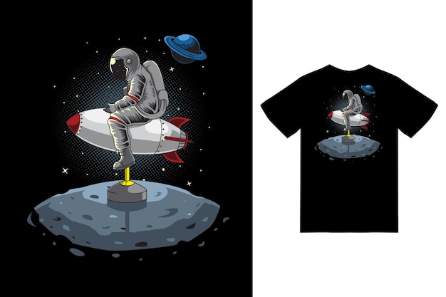 Astronaut playing rocket toy illustration with tshirt design premium vector