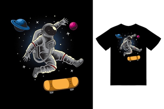 Astronaut playing skateboard in space illustration with tshirt design premium vector