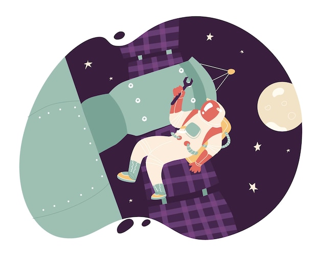 Astronaut repairs a space station with a wrench Vector illustration in flat style