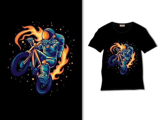 astronaut riding bmx illustration with t shirt design