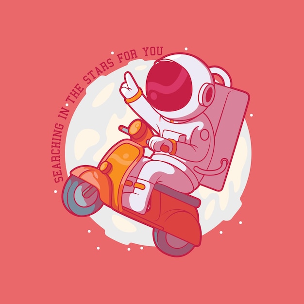 Astronaut riding a scooter seeing the moon vector illustration. Space, travel, inspiration design co