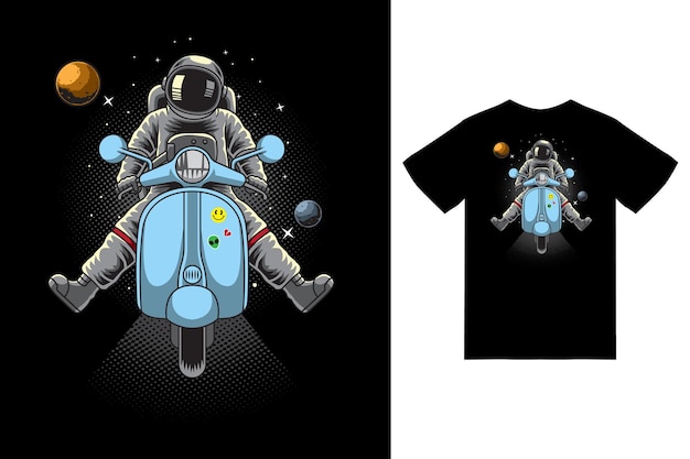 Astronaut riding scooter on space illustration with tshirt design premium vector