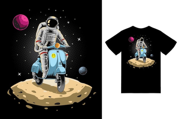 Astronaut riding scooter on space illustration with tshirt design premium vector