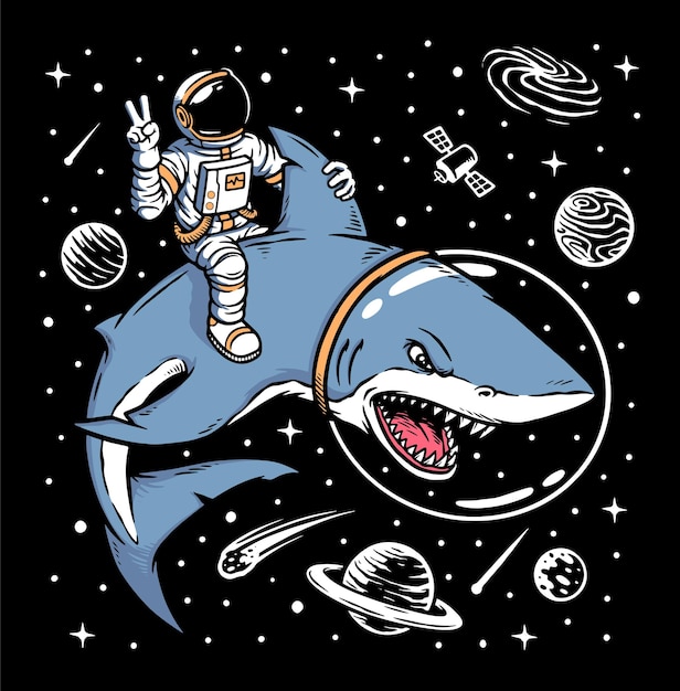 Astronaut riding shark illustration