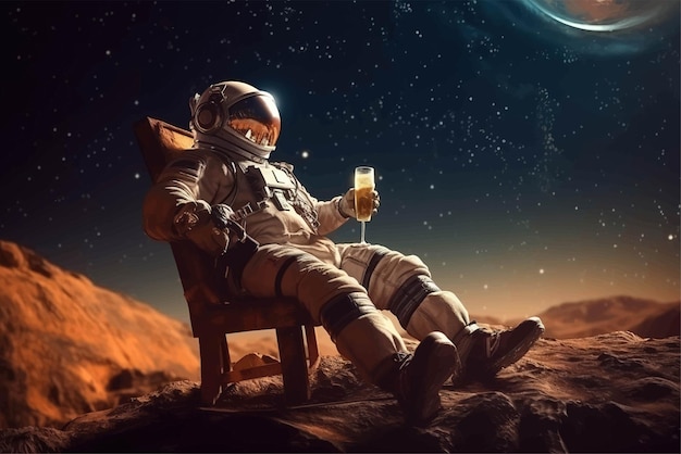 an astronaut sits in a chair with a glass on an unknown planet astronaut lifestyle