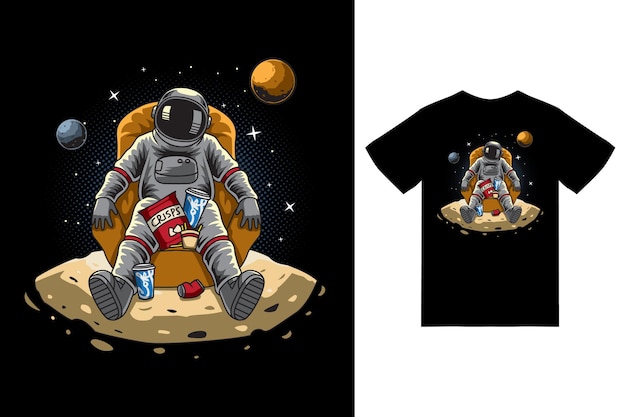 Astronaut sitting on the moon illustration with tshirt design premium vector