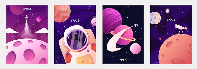 Astronaut in space Planets of the solar system Space travel and exploration Set of cartoon  templates for banners cards flyers brochures