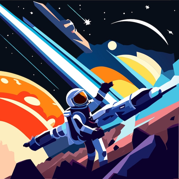 Vector an astronaut in a space suit is in front of a planet with planets and stars