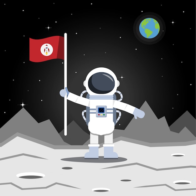 Astronaut or spaceman in the moon with flag, illustration