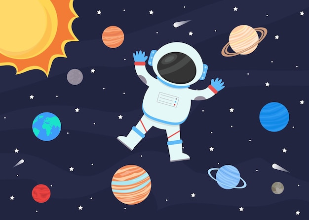 Astronaut in a spacesuit, against the background of the starry sky and the planets