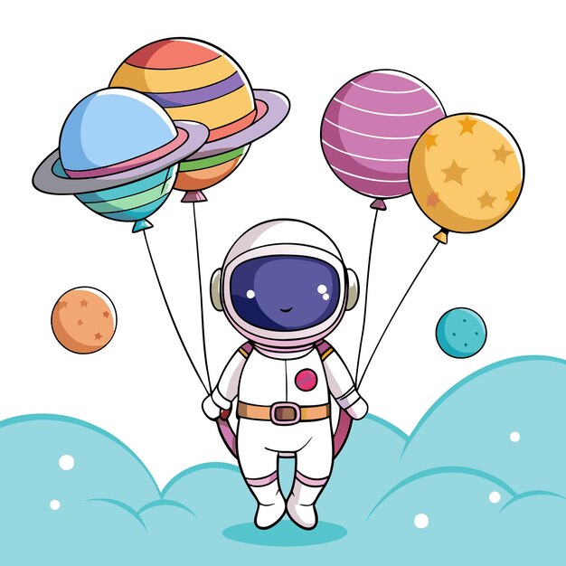 Vector an astronaut in a spacesuit holding planetshaped balloons