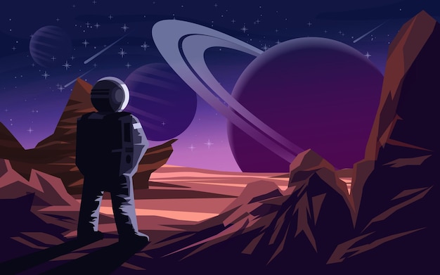 Astronaut standing on a planet's mountain