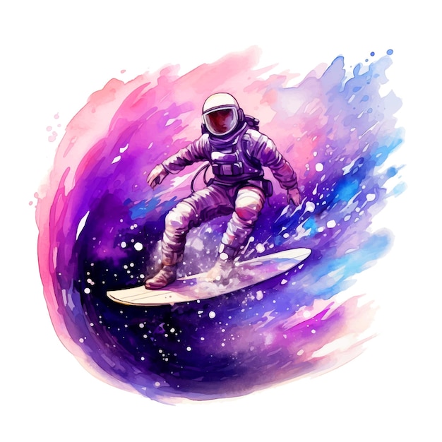 Astronaut surfing in galaxy space watercolor paint