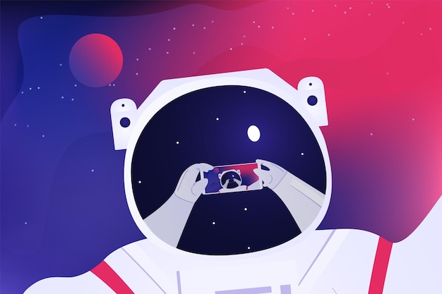 Astronaut taking selfie on the fantastic purple and pink background Space tourist travel