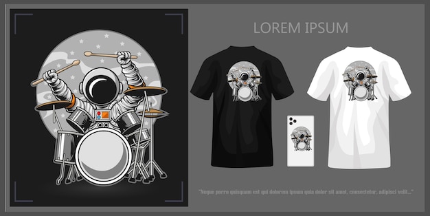 Astronaut tshirt design playing drums complete with mockup