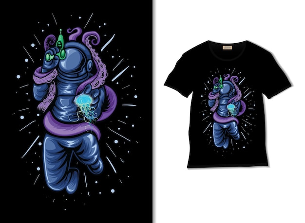 Astronaut war with octopus and jellyfish illustration with t shirt design