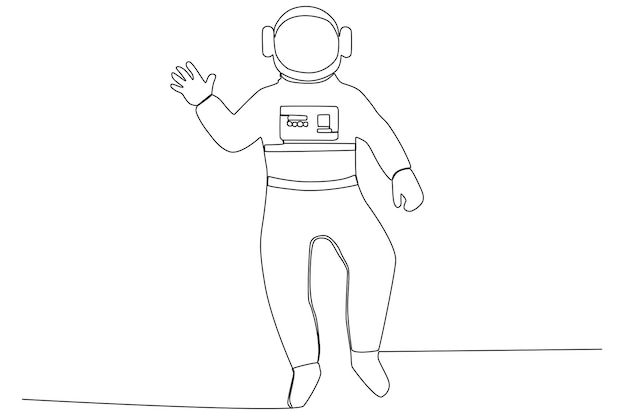 An astronaut waving his hand while floating in the space one line art