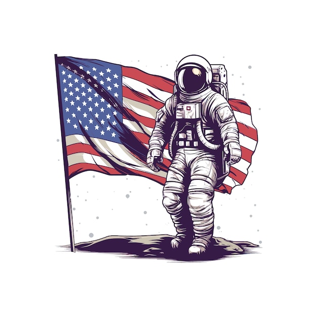 Astronaut Wearing Space Suit Plants American Flag cartoon Vector illustration design