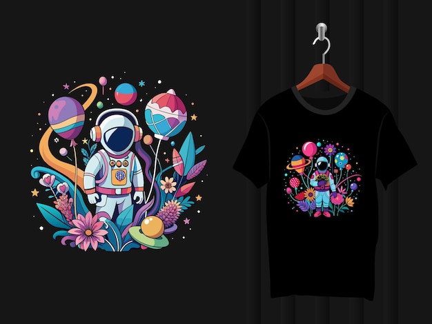 Vector astronaut with balloons and flowers tshirt design artwork