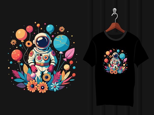 Vector astronaut with balloons and flowers tshirt design artwork