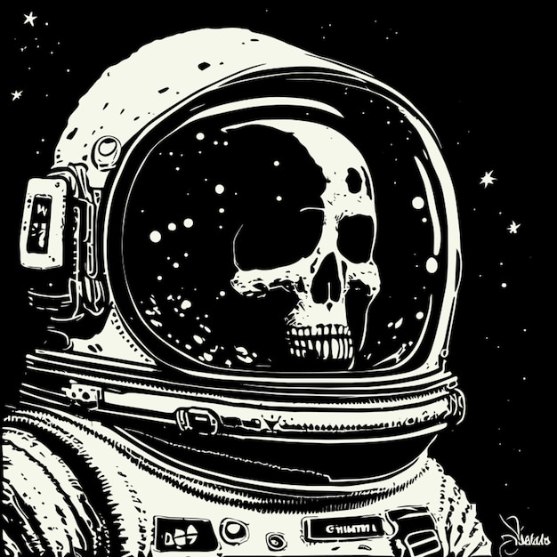 astronaut with broken helmet and skull head vector illustration engraving